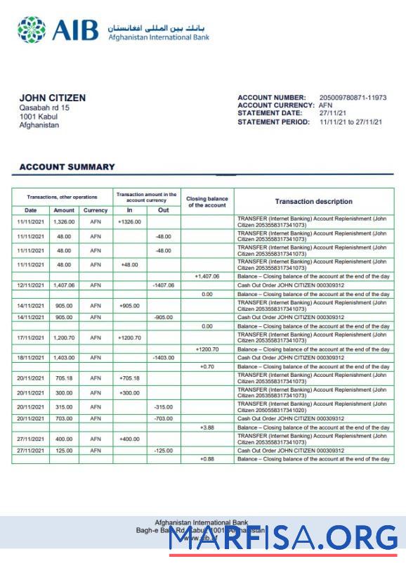 Realistic Afghanistan AIB bank statement download for verification